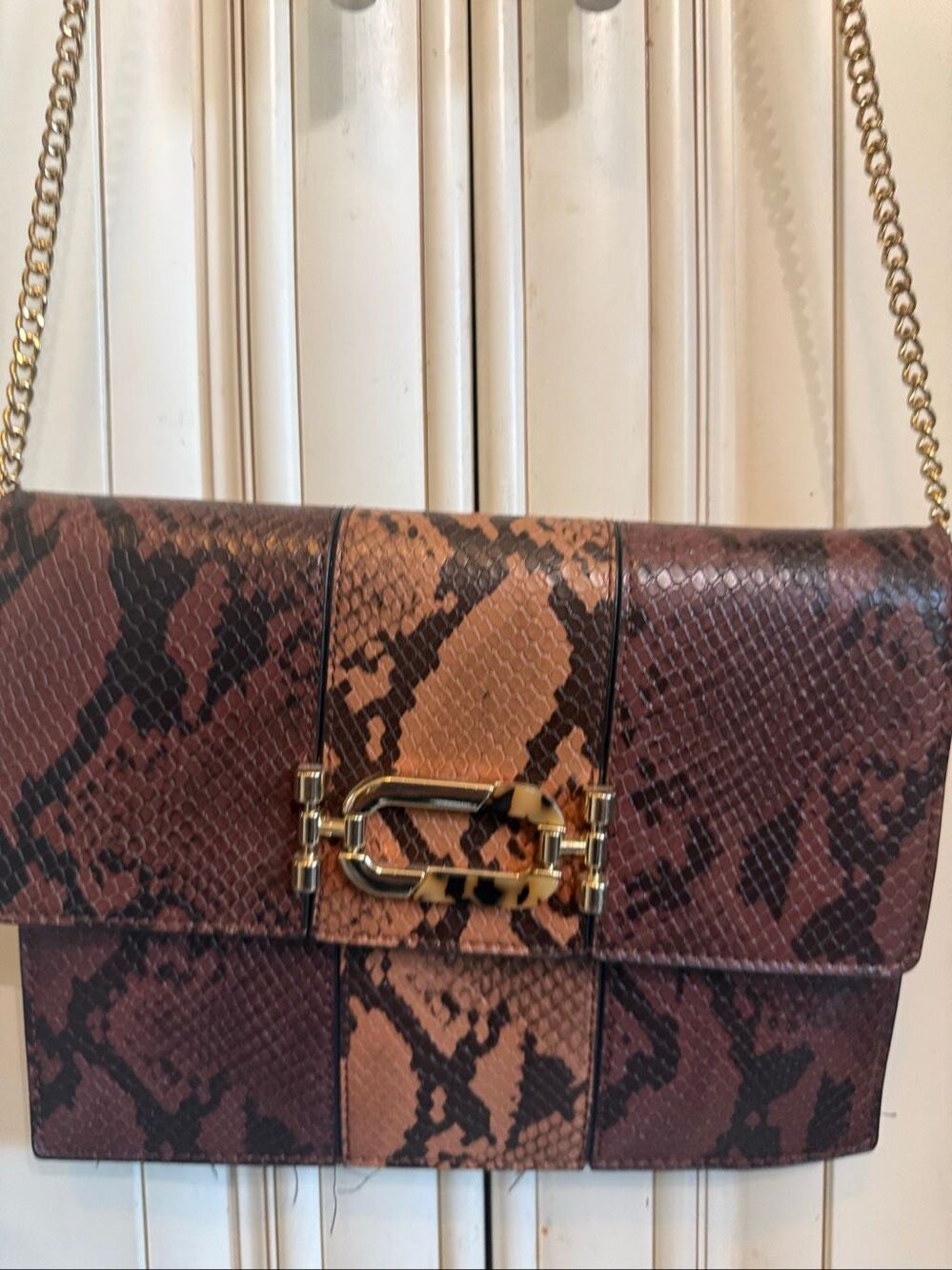 TOPSHOP Women's Snakeskin Faux Leather Chain Strap Crossbody Bag Brown 9.5 x 7